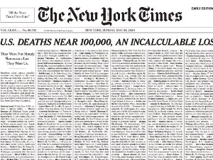 На насловној страни Њујорк Тајмса имена 1.000 особа преминулих од ковида 19